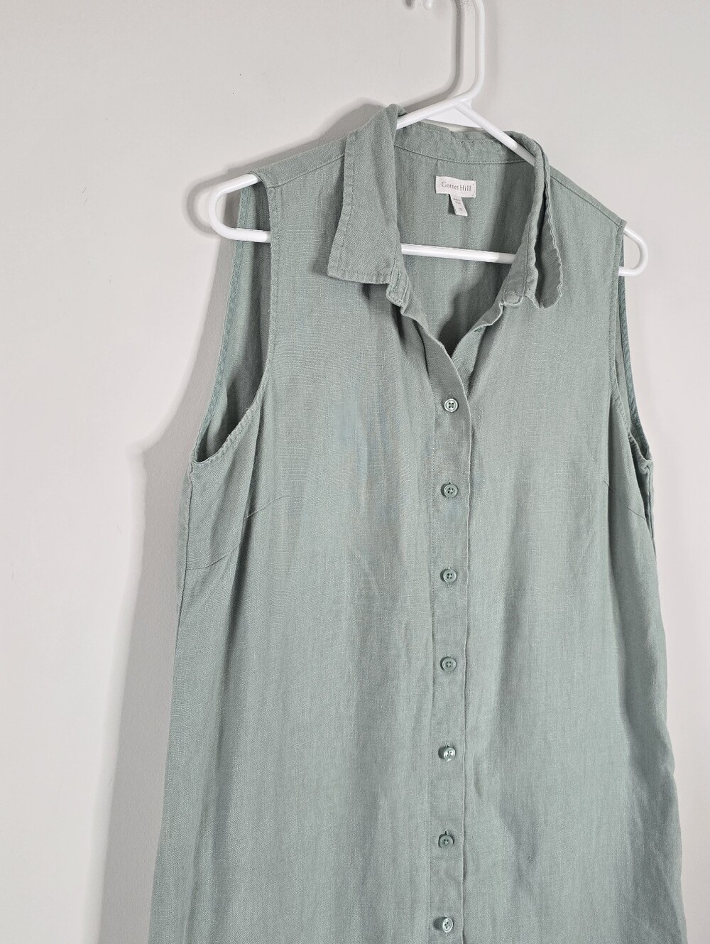 Garnet Hill Sage Classic Linen Shirtdress 10 Collared Button Front Minimalist - Picture 5 of 11